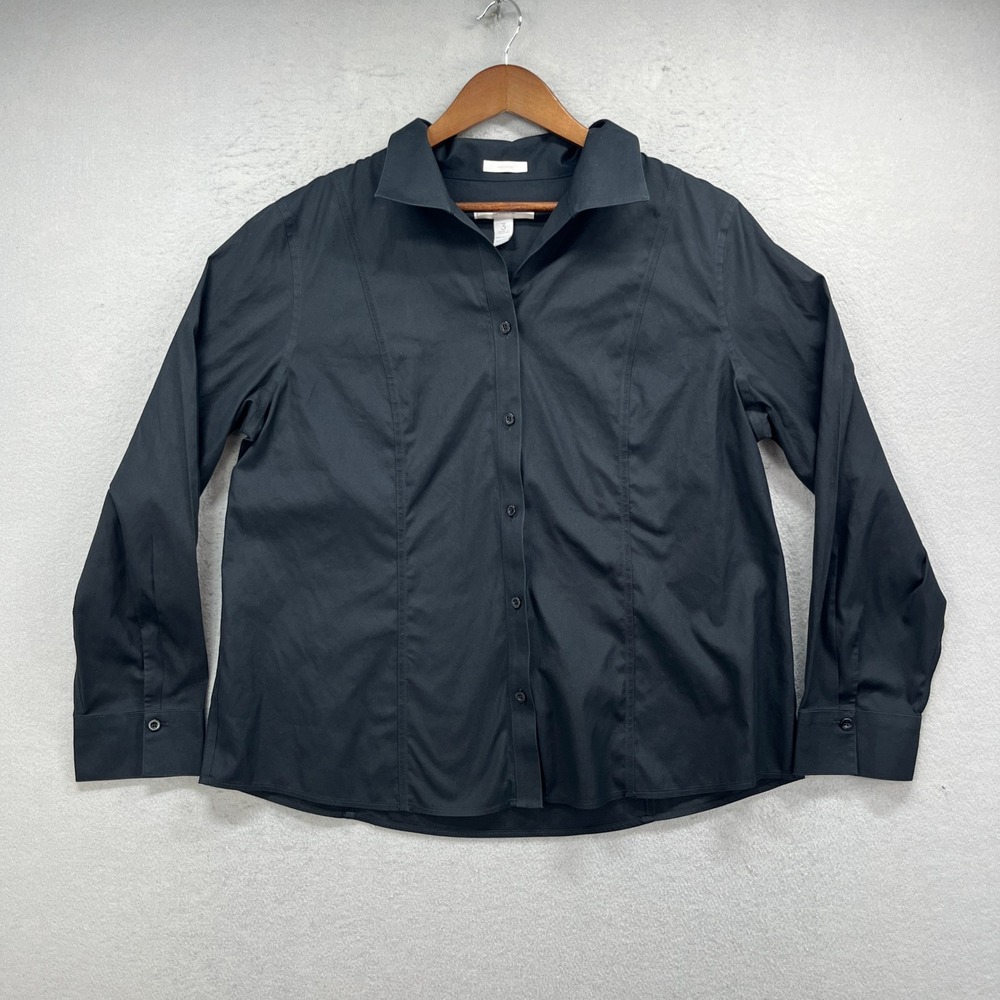 Chicos Button Up Shirt Womens L Black No-Iron Long Sleeve Office Work Preppy